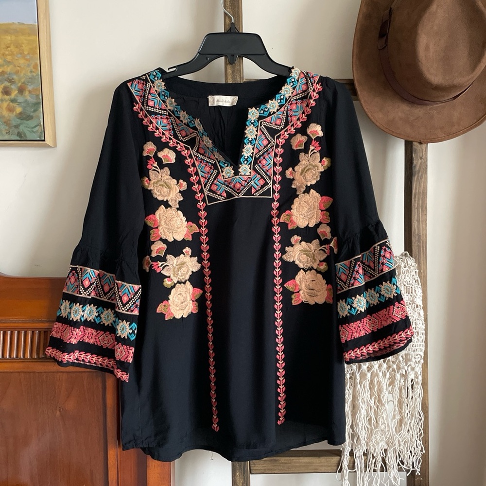 Altar'd State Black Floral Embroidered Blouse